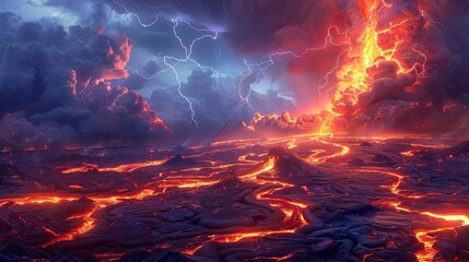 A photo of a volcanic landscape with glowing lava rivers, a fiery sky with ash clouds and lightning in the background