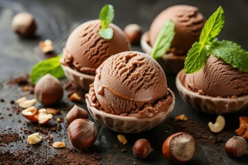 Nutella ice cream with hazelnut pieces on a dark brown background