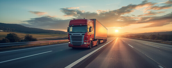 Cross-country truck on highway, cargo delivery, background with empty space for text 