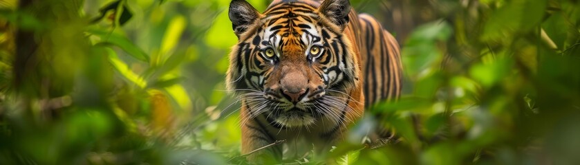 Fototapeta premium Tiger prowling through the jungle, vibrant and powerful, natural beauty, wild and free, lush greenery, bright and intense, wildlife photography, copy space.