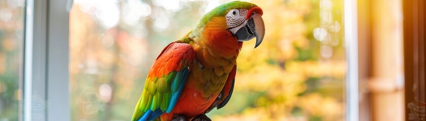 Obraz premium Parrot perched on a stand, colorful and vibrant, indoor setting, playful and talkative pet, bright and cheerful, home environment, natural light, copy space.