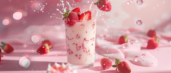 A creative scene featuring a glass of strawberry milk with fresh strawberries splashing into the drink