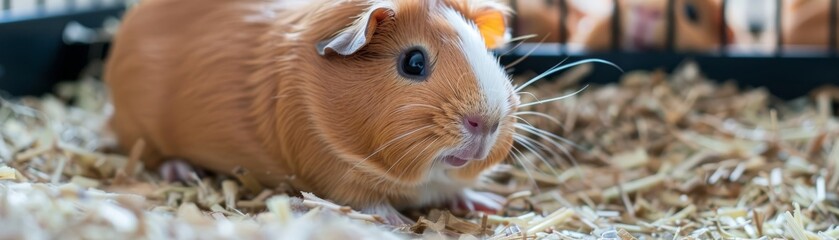 Guinea pig in a small enclosure, indoor pet, vibrant and adorable, cozy home setting, bright and cheerful, natural light, playful and cute, copy space.
