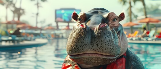 A cute charismatic closeup of a hippopotamus in a lifeguard uniform, overseeing a futuristic water park with something on hand and hologram