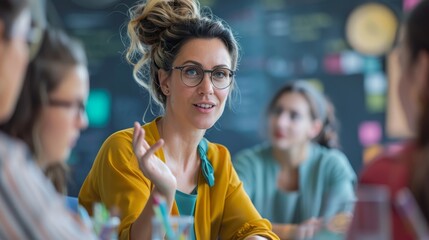 Teacher leading a discussion, vibrant and participative, classroom setting, educational environment, focused and engaged, bright and dynamic, interactive learning, copy space.