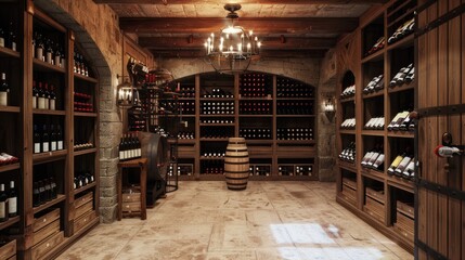 Rustic wine cellar with barels, Wooden style, Generative AI