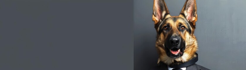 A German Shepherd in a business suit, confidently giving a presentation with a solid grey background and copy space