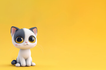 chaton, effet 3D, figurine de chaton blanc avec des taches noires sur le pelage, assis sur son post&eacute;rieur, avec de grands yeux type manga, sur fond jaune avec espace n&eacute;gatif copyspace