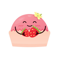 Cute mochi cake. Japanese sweet with strawberry flavor. Coffee shop menu. Asian food culture. Illustration of a cute cupcake.