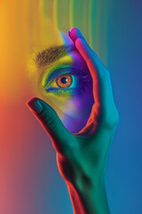 Eye symbol hovering above an open hand, isolated on a rainbow gradient background 