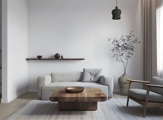 White living room interior with wooden shelf, grey armchair and sofa against white wall with black pendant lamp