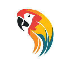 logo, illustration vectorielle colorée, d'une tête de perroquet de profil avec un plumage bleu, bleu canard, jaune, orange et rouge sur un fond blanc
