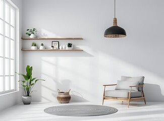 White living room interior with wooden shelf, grey armchair and sofa against white wall with black pendant lamp