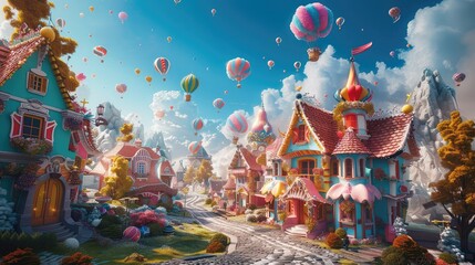 A photo of a whimsical village with candy-colored houses, a bright sky with flying balloons and cheerful crowds in the background