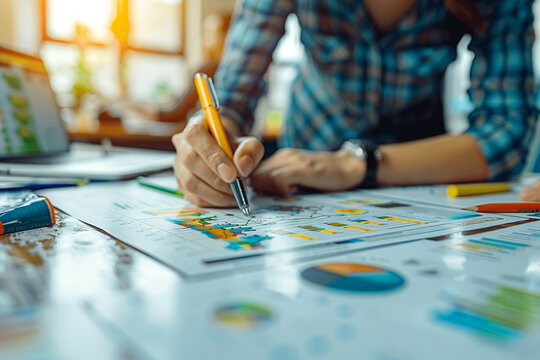 A team of professionals collaborating on a project plan in a modern office.
