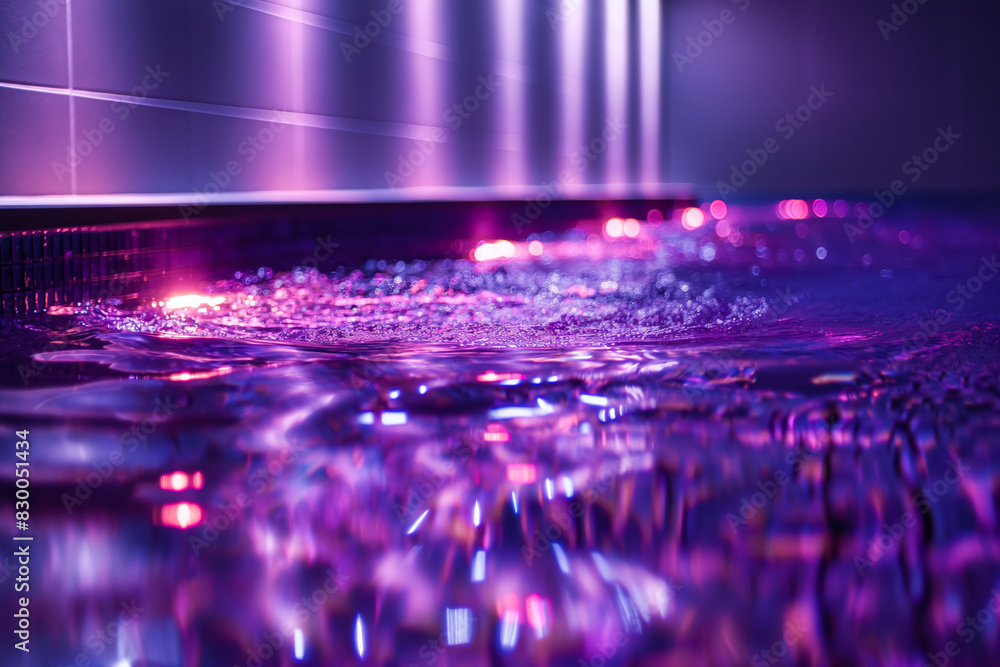 Poster glowing underwater lights in modern swimming pool, background with empty space for text