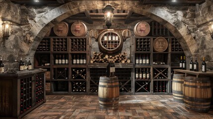 Obraz premium Rustic wine cellar with barels, Wooden style, Generative AI