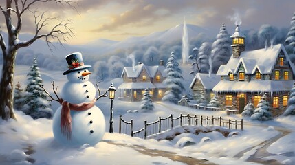 Obraz premium Frosty's Welcome: A Snowman with Outstretched Twig Arms 