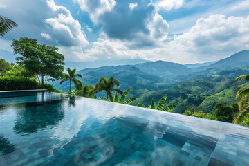 Infinity pool overlooking a stunning panoramic mountain range view 