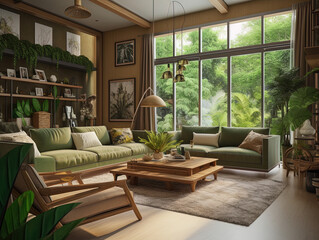 Fototapeta premium Contemporary Living Room Design: Green Accents, Wooden Furniture, and Large Windows