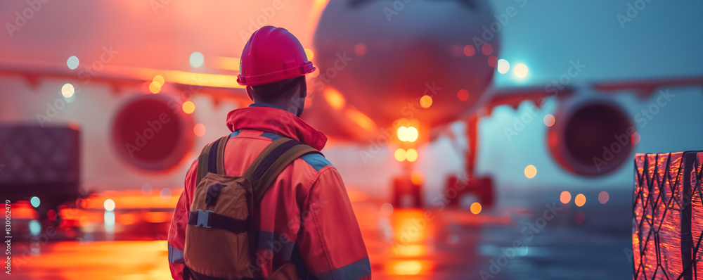 Aufkleber loading dock worker guiding cargo into plane, isolated on a gradient background