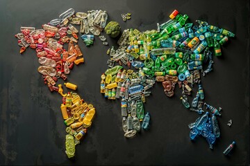 Top view of plastic waste bottles forming the shape of a world map on a black background.