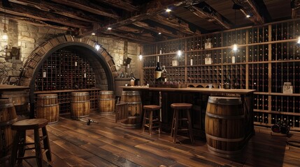 Fototapeta premium Rustic wine cellar with barels, Wooden style, Generative AI