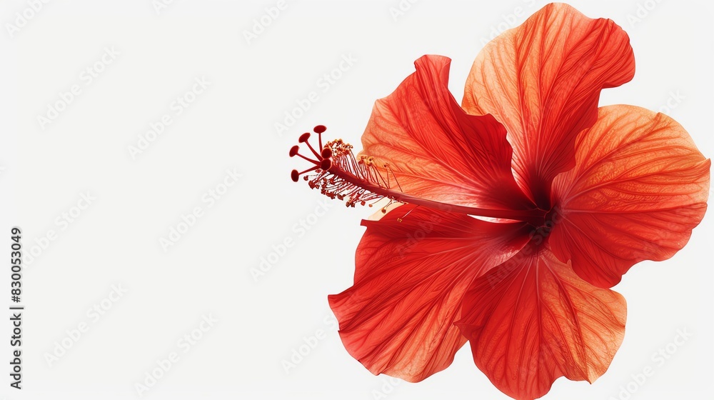 Wall mural bold hibiscus flower in vibrant red, floating on air, white background, highlighting its tropical an - Wall murals