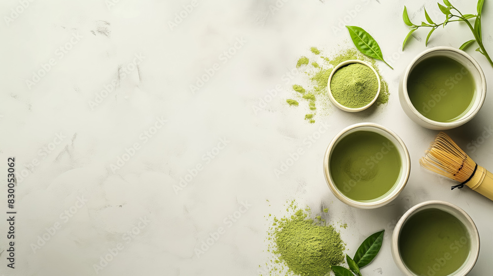 Poster matcha green tea preparation process, background with empty space for text