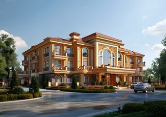Fototapeta premium A large luxury house with a beautiful exterior and a large yard