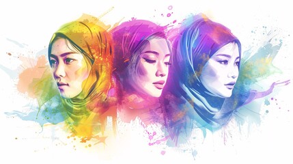 Obraz premium Beautiful three Asian women with colorful hair and headscarves, in the watercolor style, on a white background, with colorful splashes of color and soft edges, vibrant illustrations with colorful