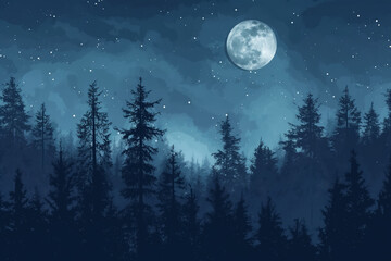 Moonlit forest under starry night sky, background with empty space for text 