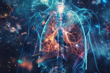 A surreal hightech medical scene featuring a detailed holographic image of lungs with highlighted areas