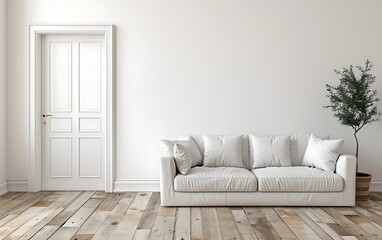 White living room interior with sofa and door mockup on the wall, minimalistic scandinavian home design concept
