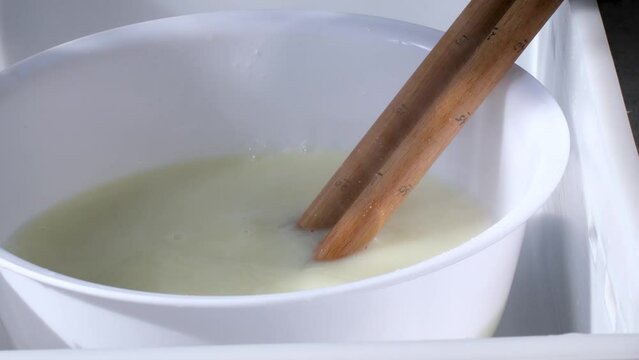 Falling cottage cheese into blue bowl, fresh curd served with various dairy products, slow motion