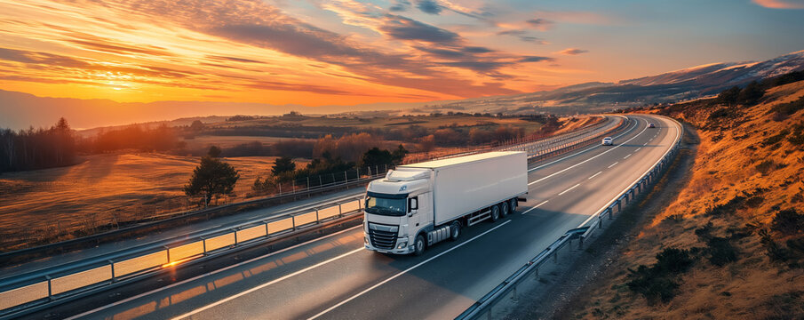 Refrigerated truck on highway, transporting perishables, background with empty space for text 