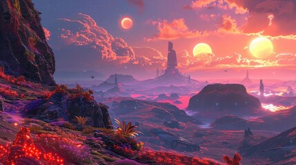 A photo of an alien landscape with glowing vegetation, a sky with two suns and floating islands in...