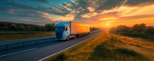 Refrigerated truck transporting perishable goods along highway at sunrise 