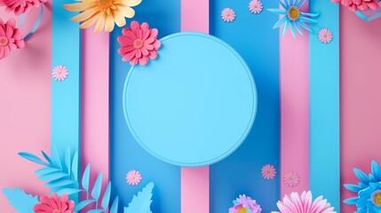 A top view of a pastelcolored scene with a round blue podium surrounded by whimsical flowers and colorful abstract shapes
