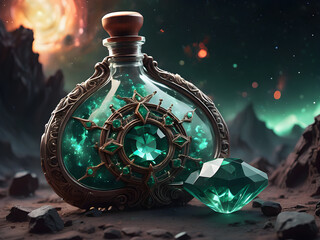 Isolating a vintage green poison bottle with skull and crossbones on a black background  warns of danger