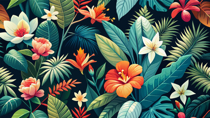 Seamless pattern with tropical flowers and leaves. Vector illustration.