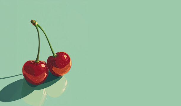 deux cerises rouges sur fond vert clair avec ombres distinctes, et reflets dans le support cr&eacute;ant une composition simple et &eacute;l&eacute;gante.  Image color&eacute;e contemporaine et vibrante pour Pin-up