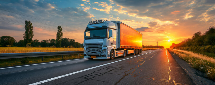 Refrigerated truck transporting perishable goods along highway at sunrise 