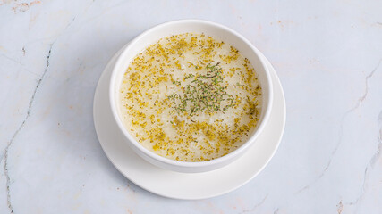 Rice soup bowl top view isolated