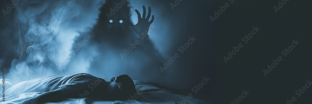 Poster shadowy figure looming over sleeping figure, background with empty space for text