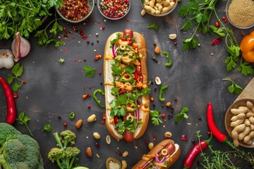 Fototapeta premium A topview scene of a gourmet hot dog topped with colorful vegetables