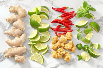 Fresh vegetables including ginger, chili peppers, and limes on a white background, symbolizing healthy and nutritious food options in a vibrant setting.
