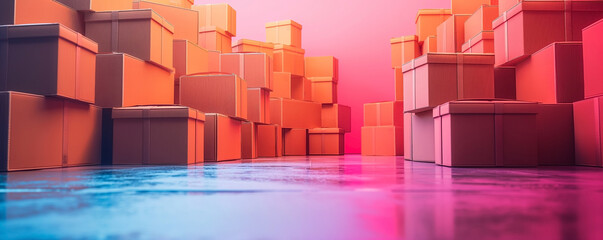 Stacks of cargo boxes in a warehouse, isolated on a gradient background 