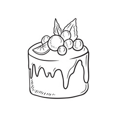 Beautiful bento-cake with fruits orange, blueberry with chocolate balls and glaze in black isolated on white background. Hand drawn vector sketch illustration in doodle vintage engraved style.