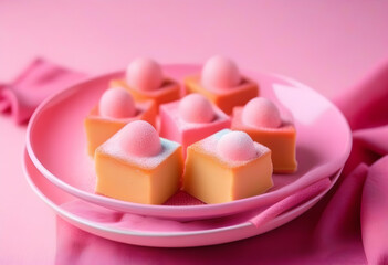 A pink plate with a dessert made of sugar and protein, with a linen napkin and a pink background